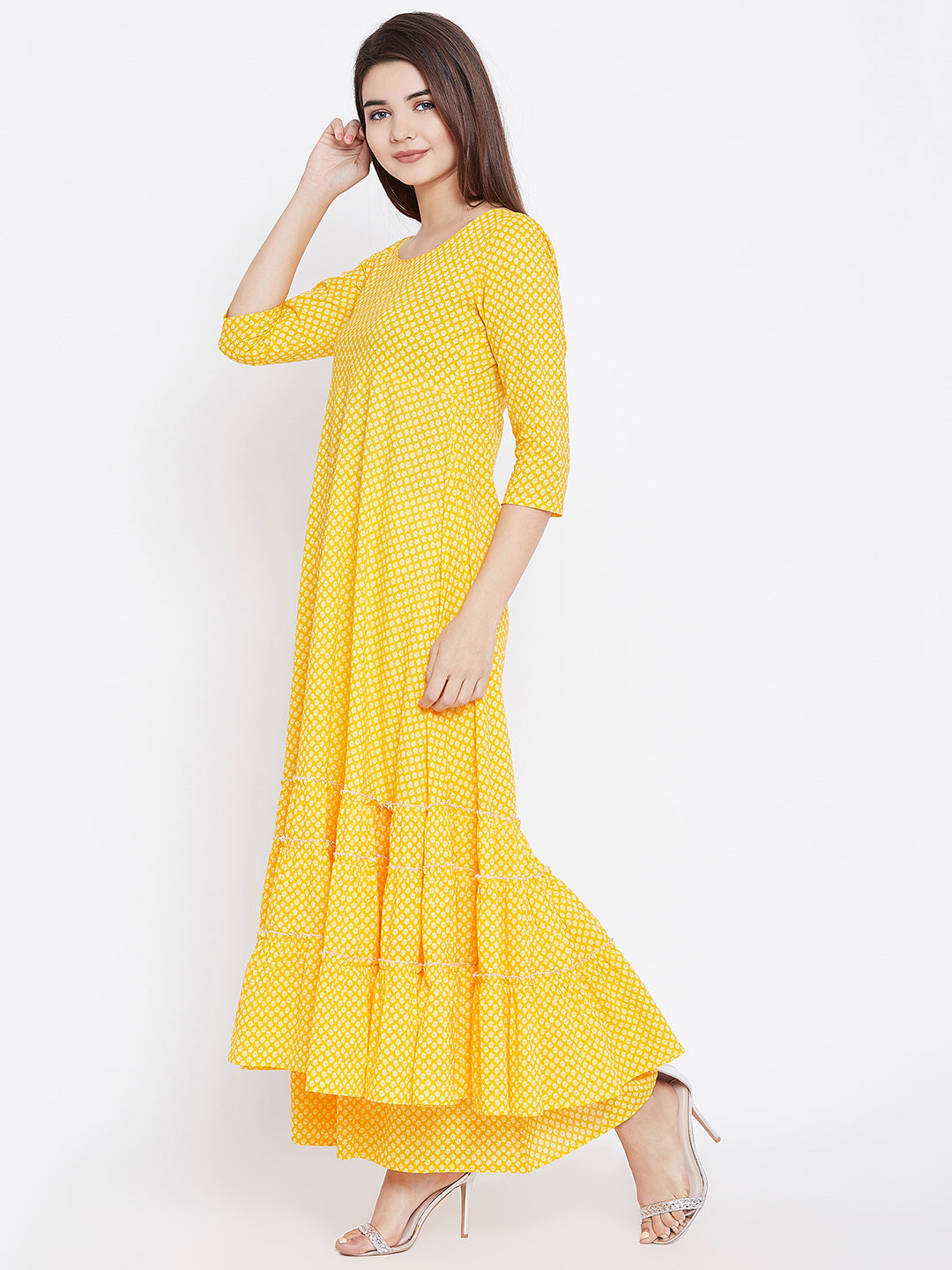PANIT Women Yellow Printed Tiered A-Line Kurta