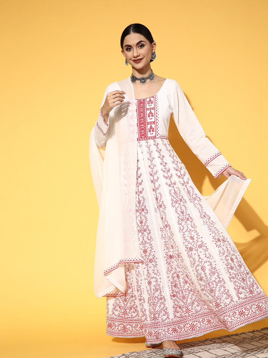 PANIT White Ethnic Motifs Swirling Volume Dress