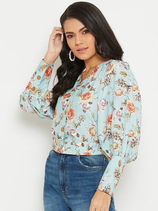 Ice Blue Floral Printed Top With Puff Sleeve
