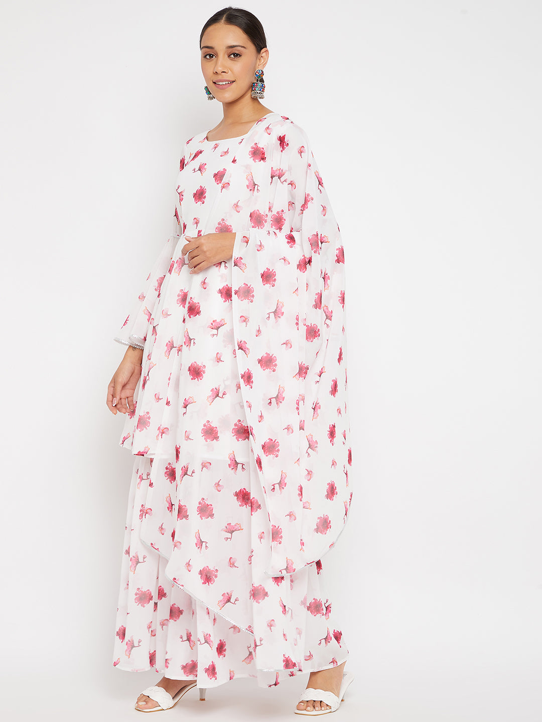 Women White Pink Red Floral Print Sharara Set With Dupatta