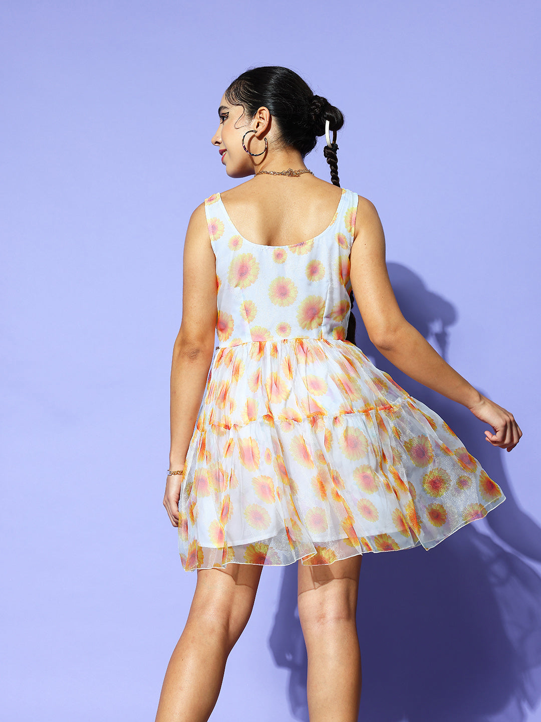 Cream-Coloured & Yellow Floral Tiered Dress
