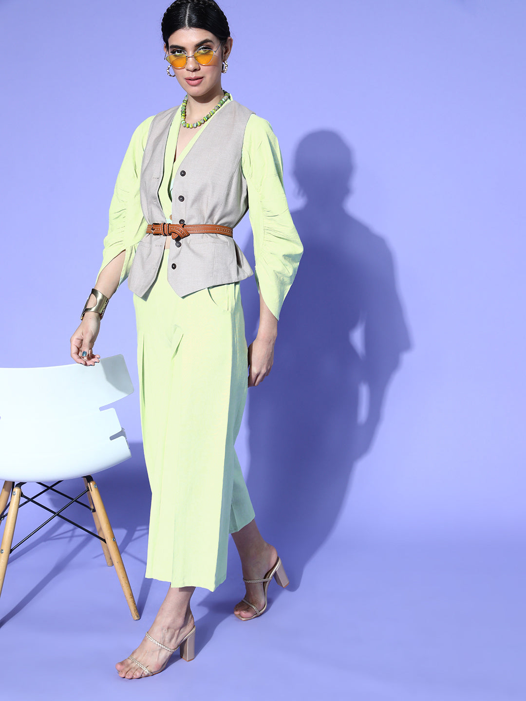 Women Alluring Lime Green Solid Top with Palazzos