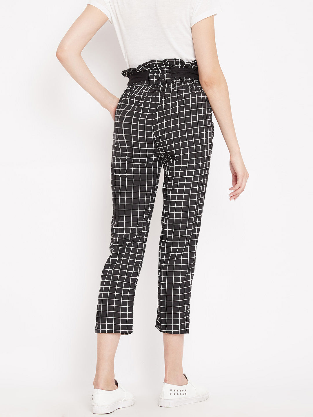 Women's black and white plaid pleated high waist trouser
