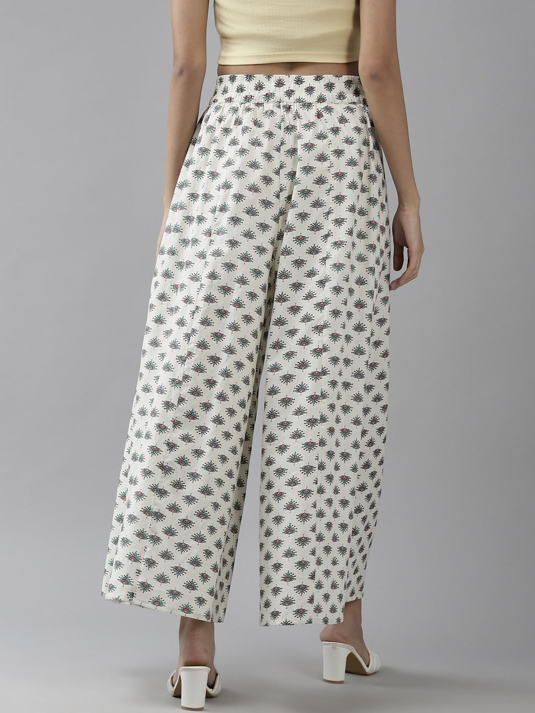 Women Off White & Green Cotton Ethnic Motifs Printed Flared Palazzos