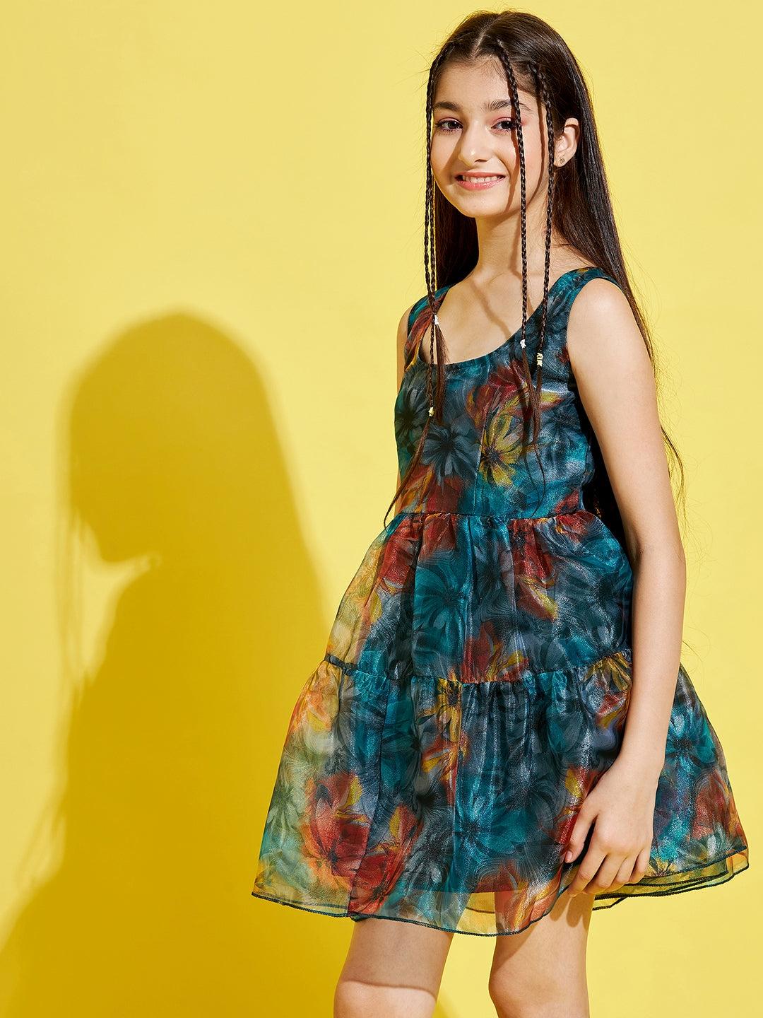 Girls Teal & Rust Floral Dress