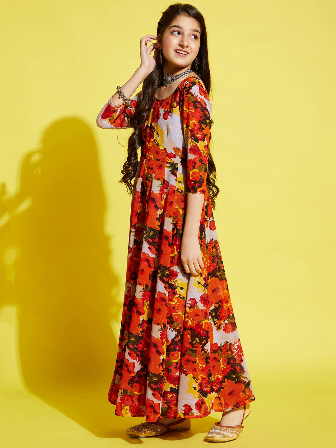 Girls Orange Floral Printed Georgette Ethnic Maxi Dress