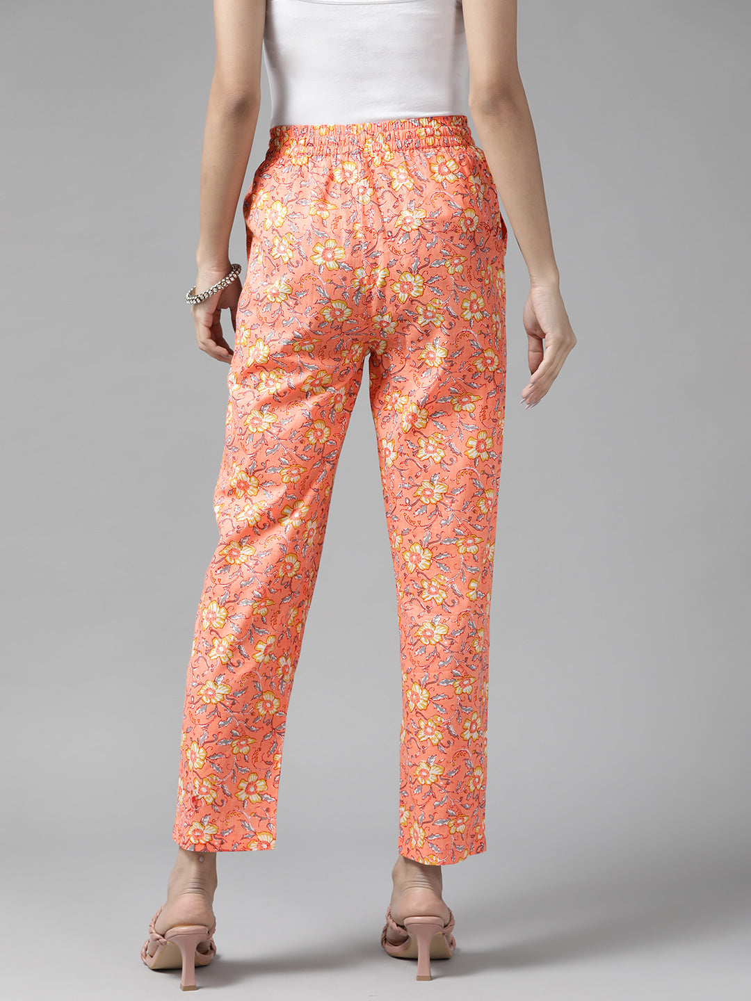 Women Peach-Coloured & Yellow Cotton Floral Printed Comfort Fit Trousers
