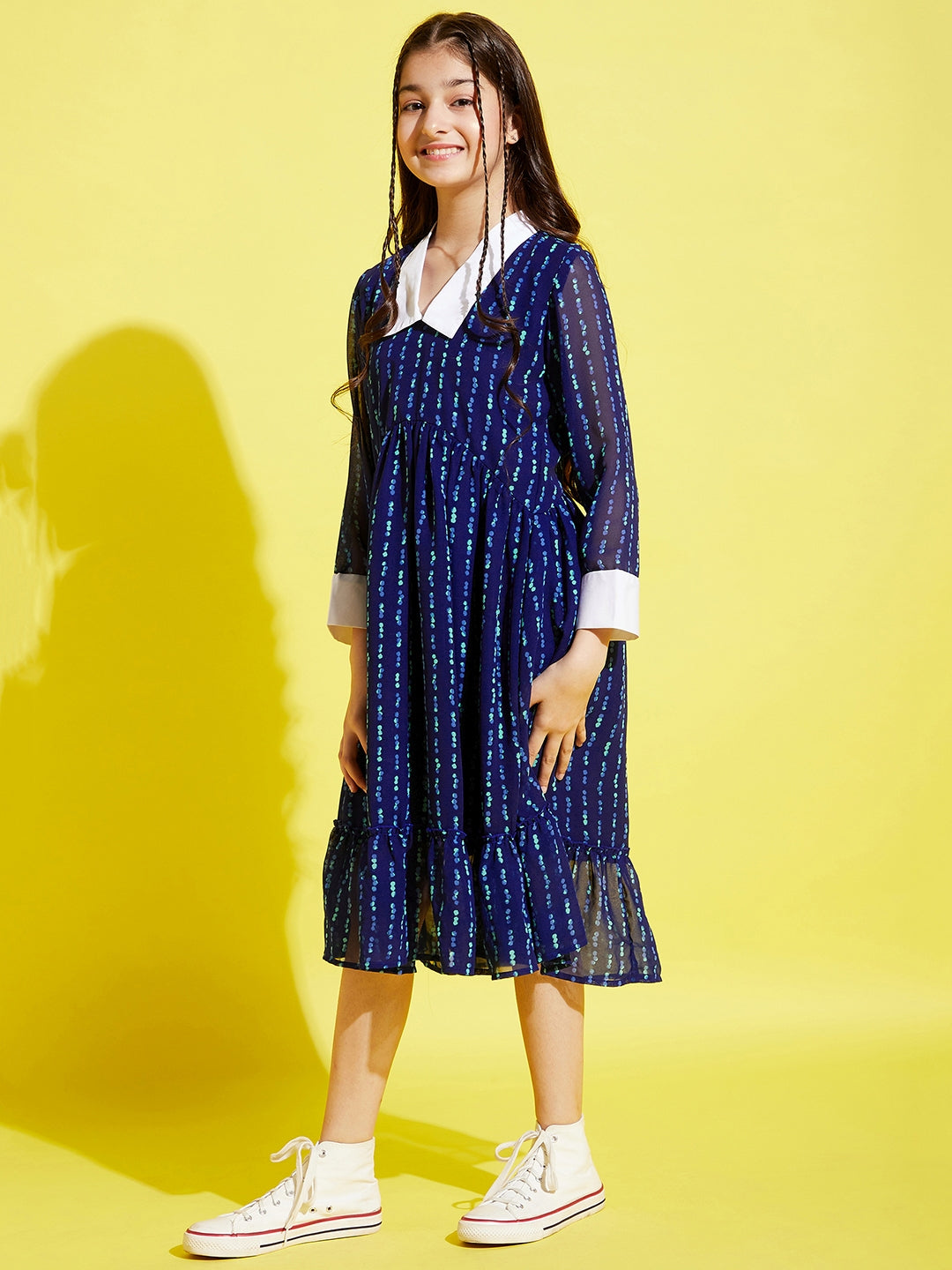 Girls Blue & White Midi Dress