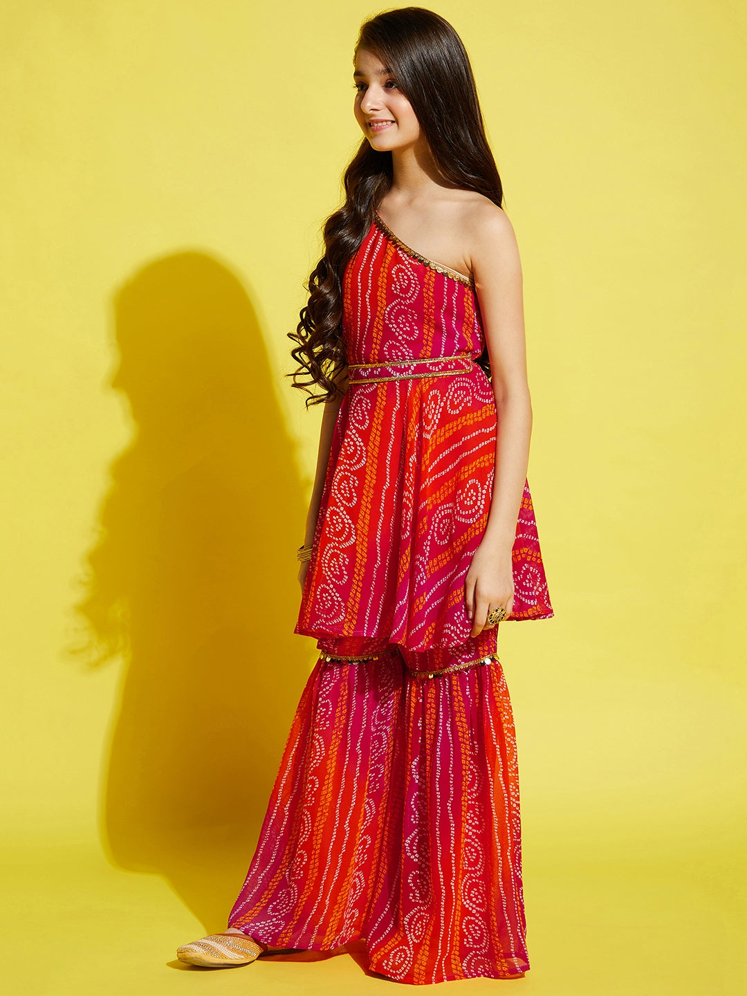 Girls Orange & Pink Bandhani Printed A-Line Kurta with