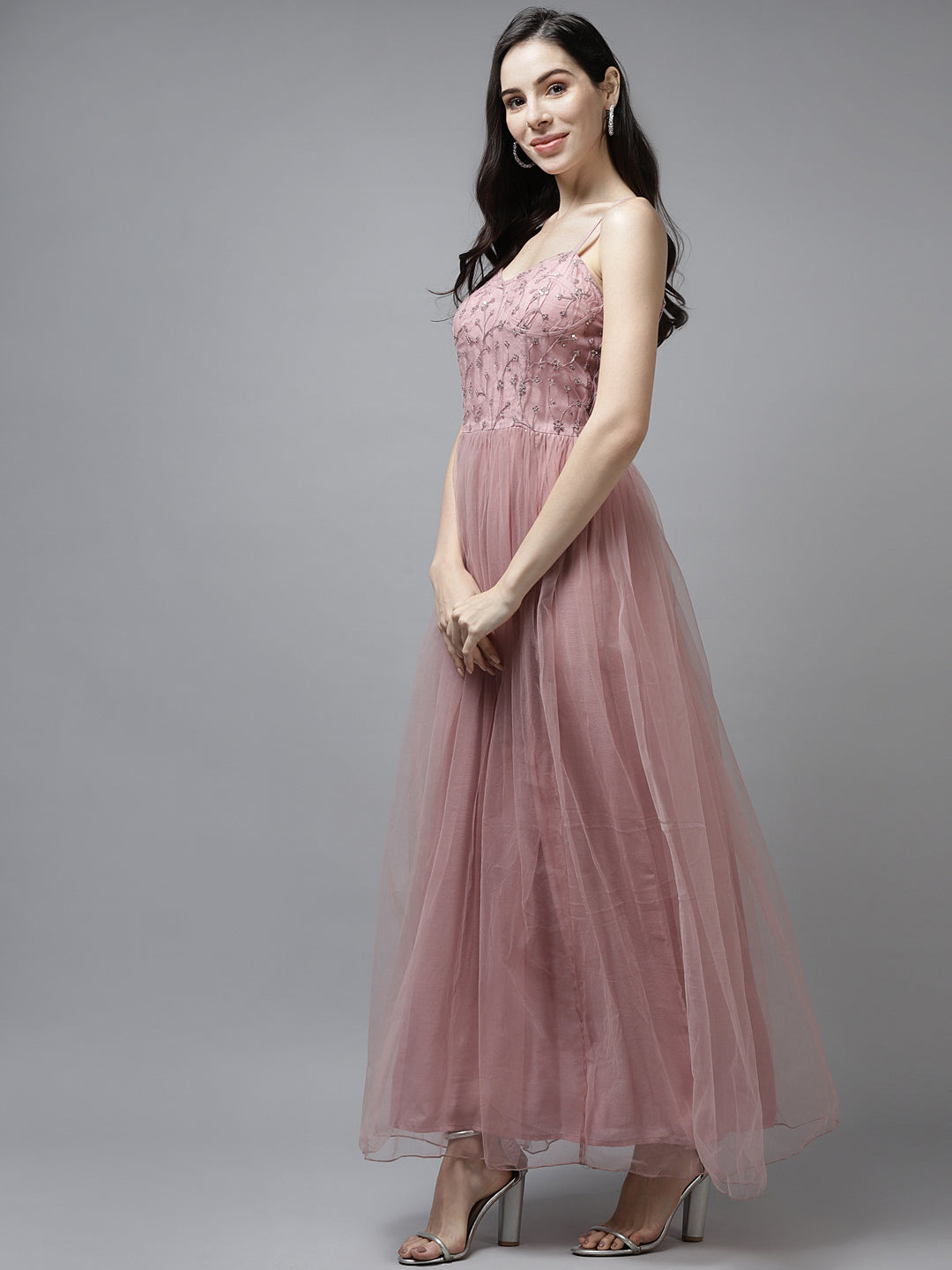 Women Pink Floral Embroidered Maxi Dress