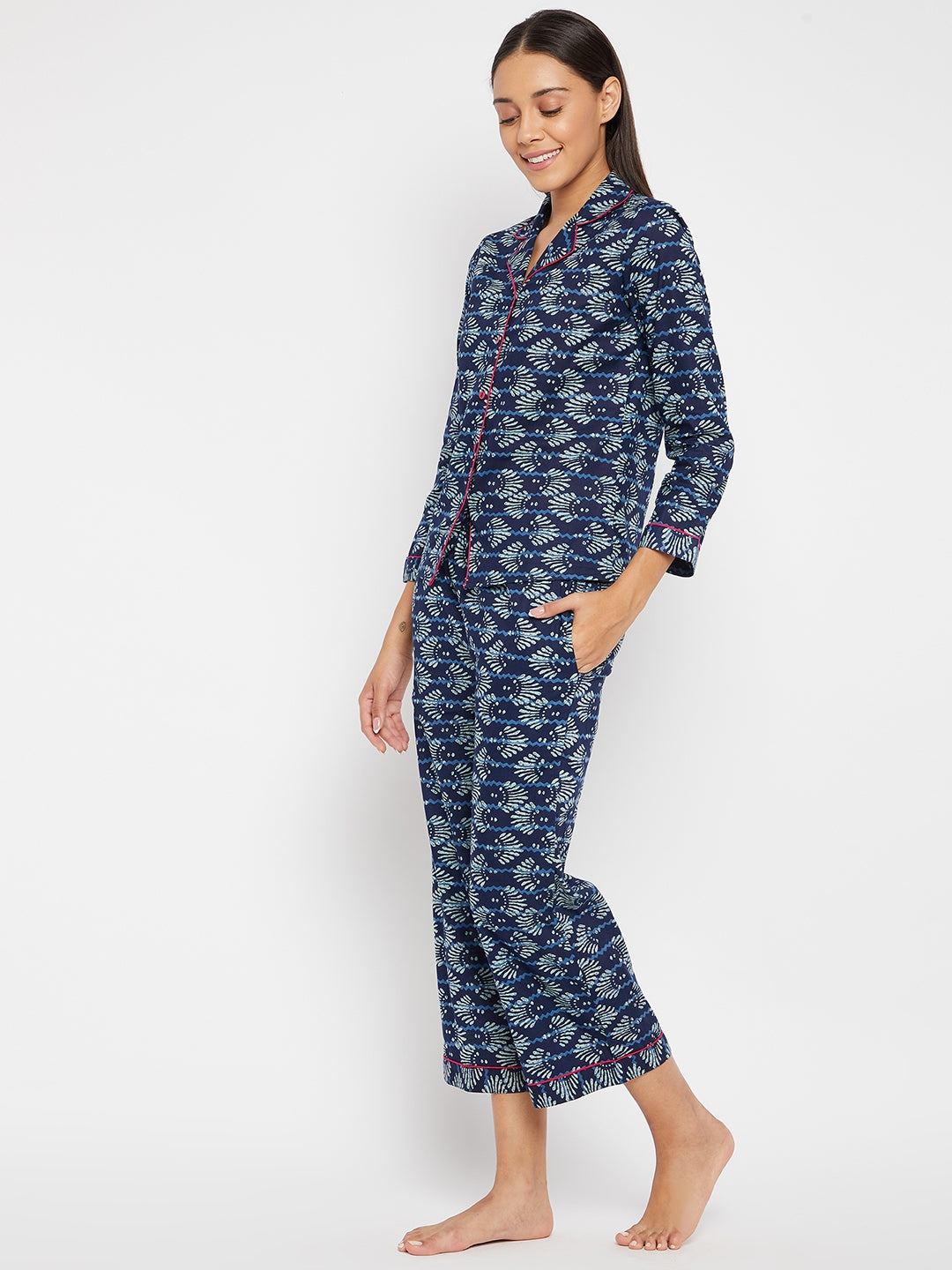 Women Navy Blue & White Printed Night suit