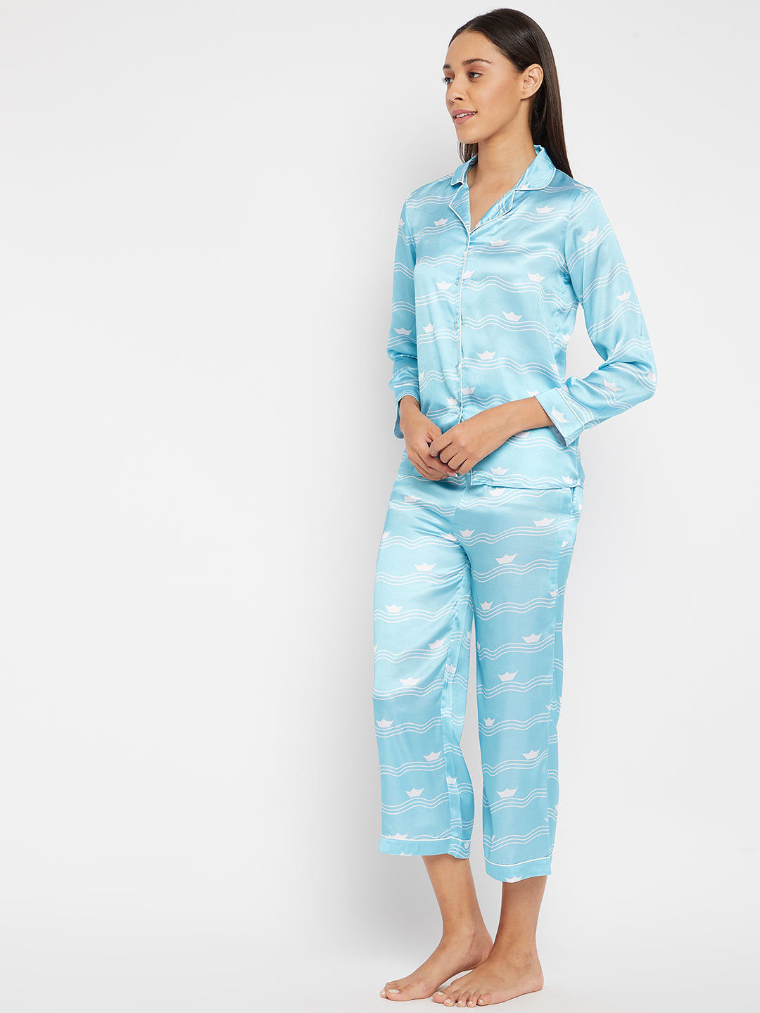 Women Blue & White Printed Night suit