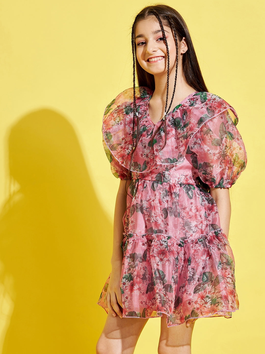 Girls Pink & Black Floral Dress