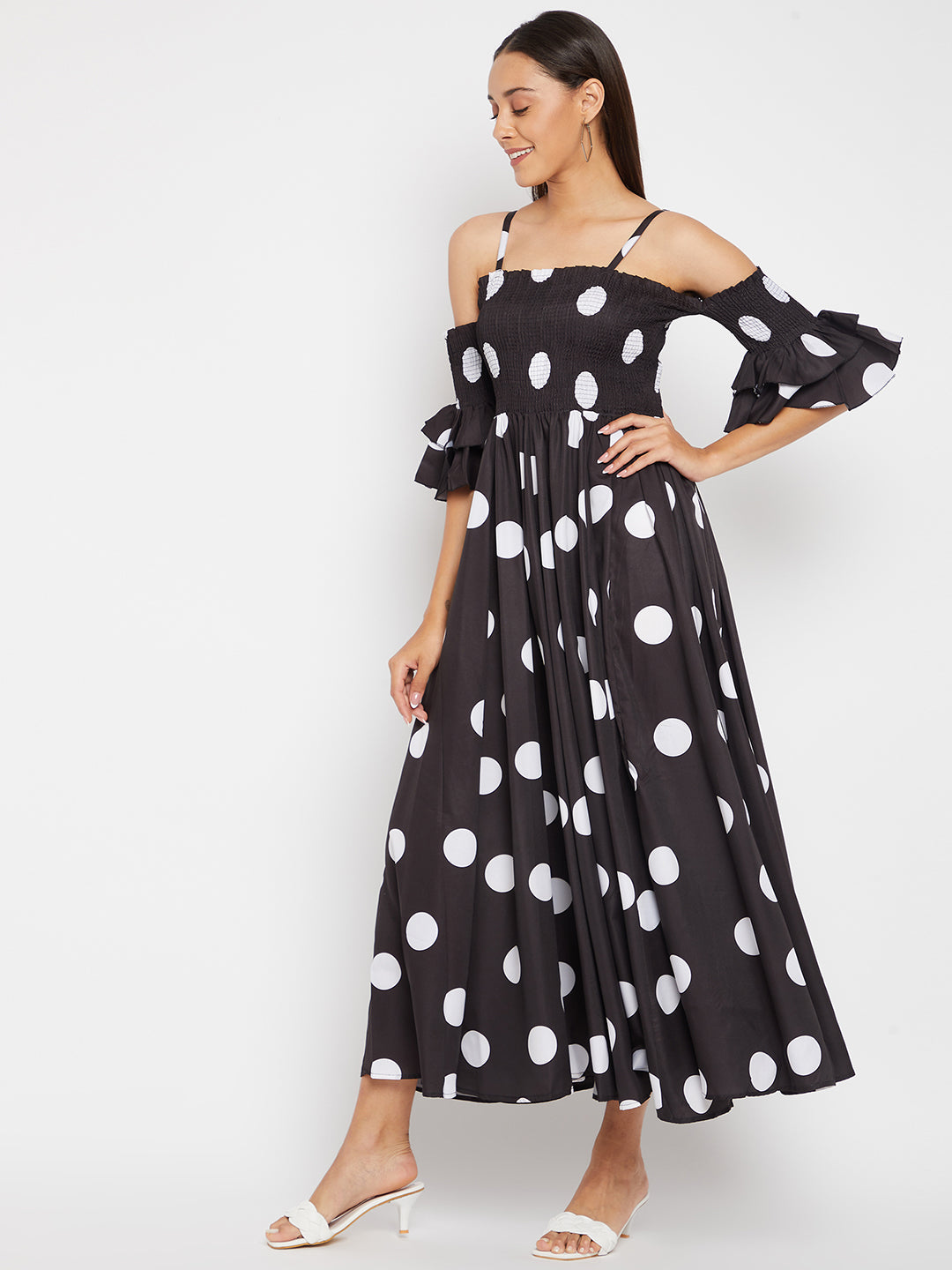 Women Black Base and White Polka Dot Printed Maxi Dress