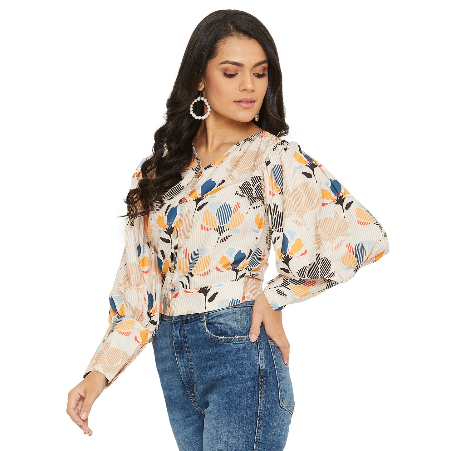 Light Brown Floral Printed Top With Puff Sleeve