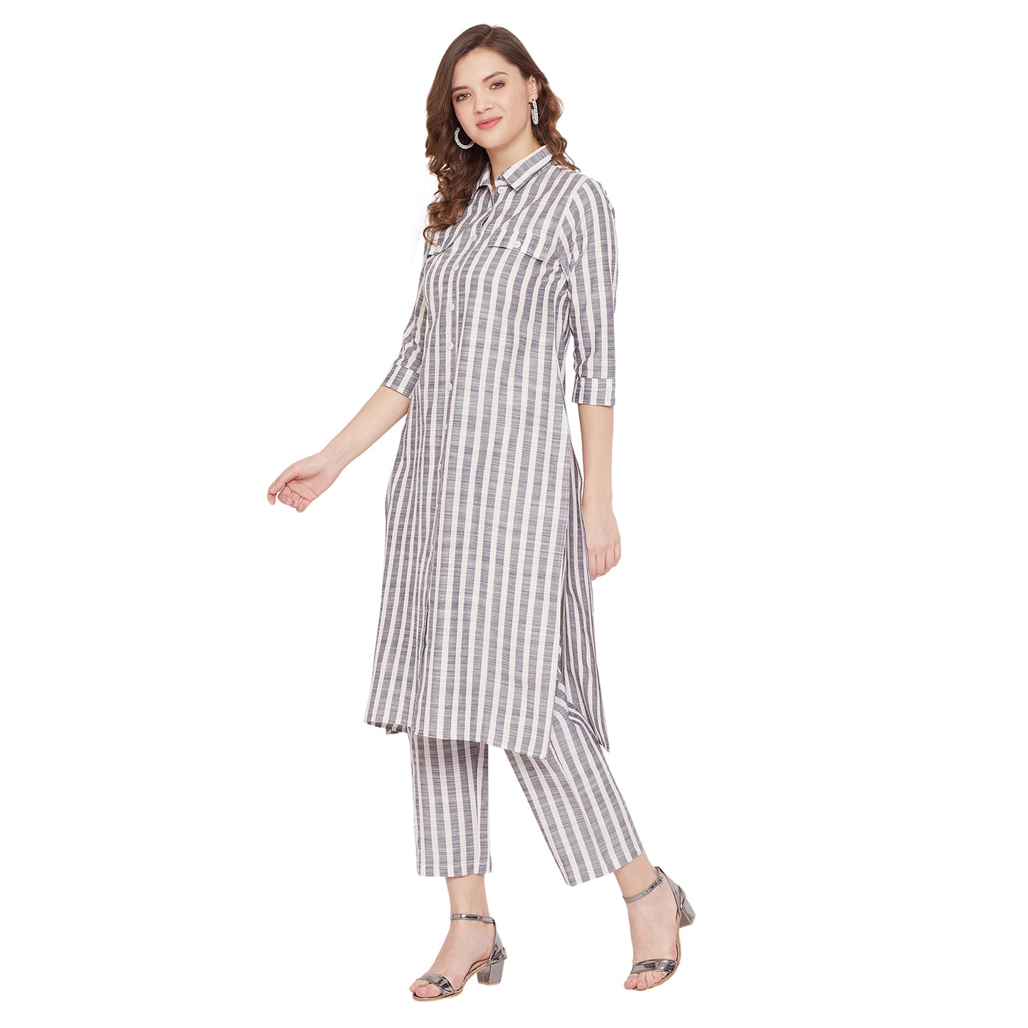 Formal white and grey stripe kurta set