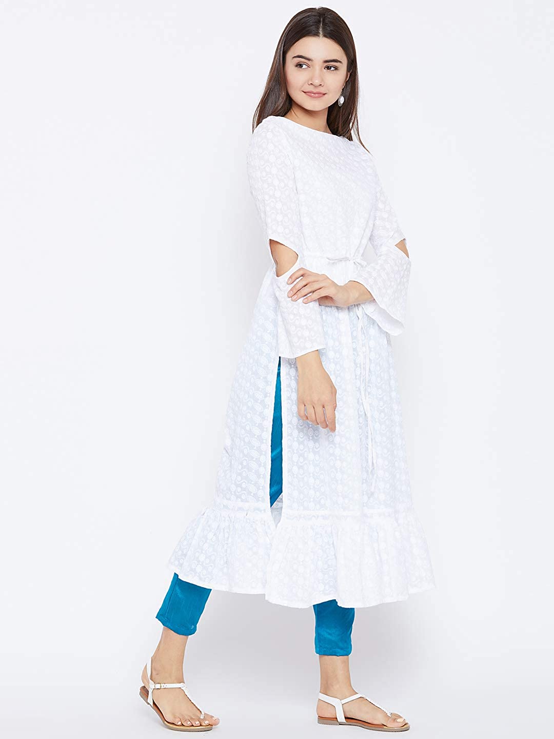 Women White Woven Design A-Line Kurta