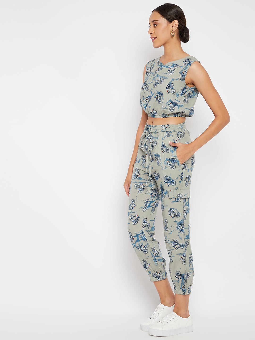 PANIT Grey and Blue Cycle Printed Two-Piece Jumpsuit