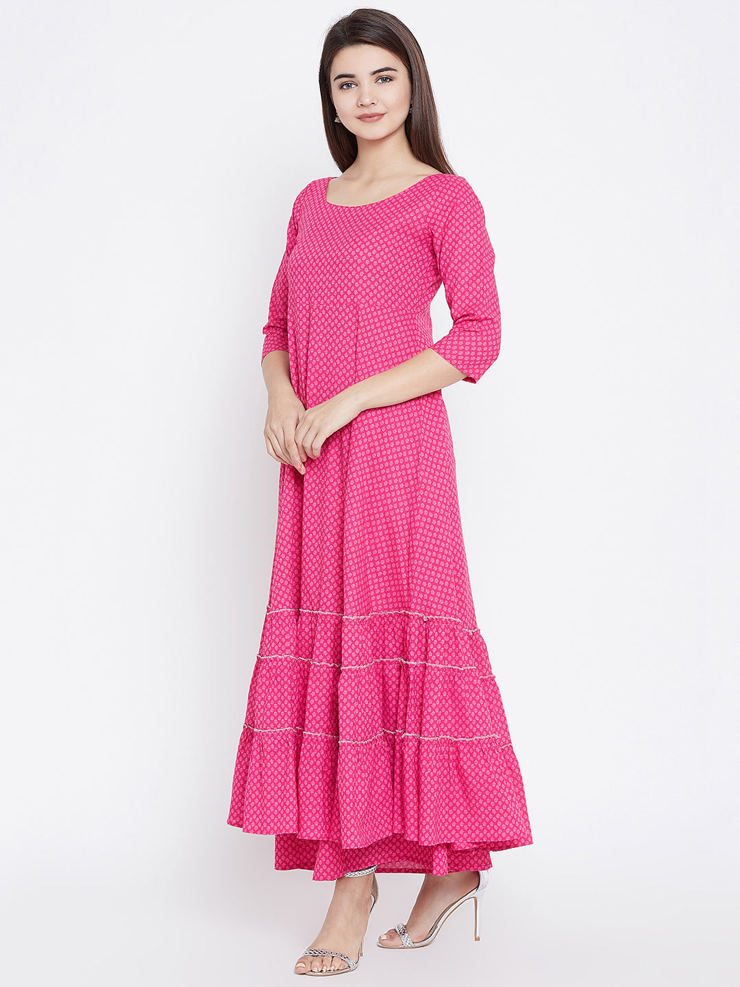 PANIT Women Pink Ethnic Motifs Printed Tiered Anarkali Kurta