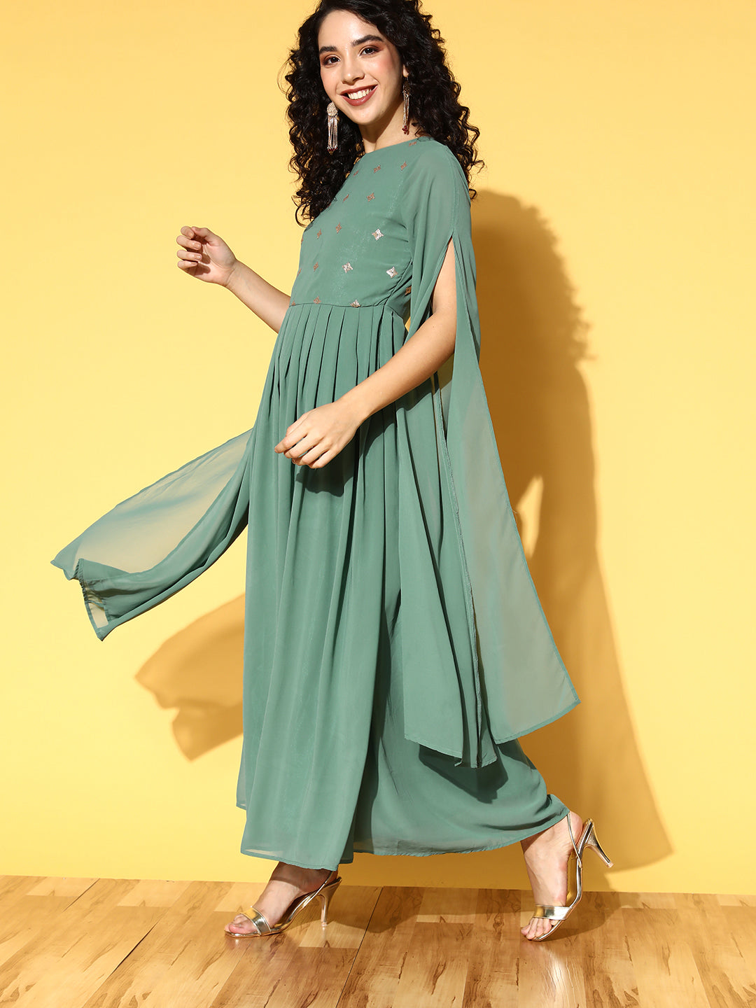 PANIT Green Ethnic Motifs Embellished Georgette A-Line Maxi Dress