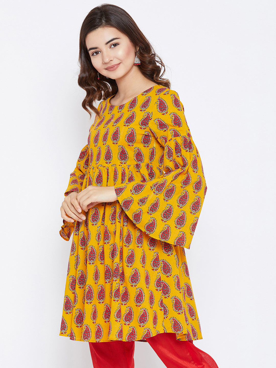 Women Yellow Red Printed A-Line Kurta