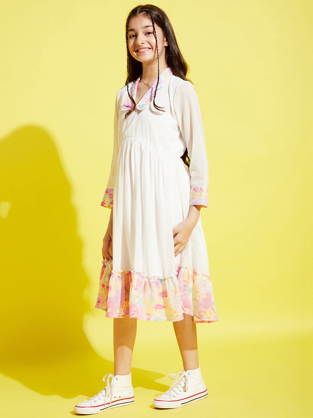 Girls White & Pink A-Line Midi Dress
