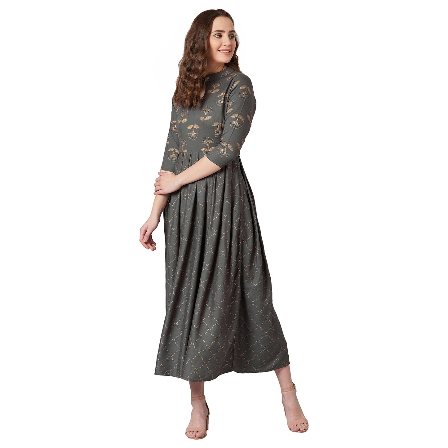 Women Charcoal Grey & Gold Block Floral Print Fit and Flare Dress