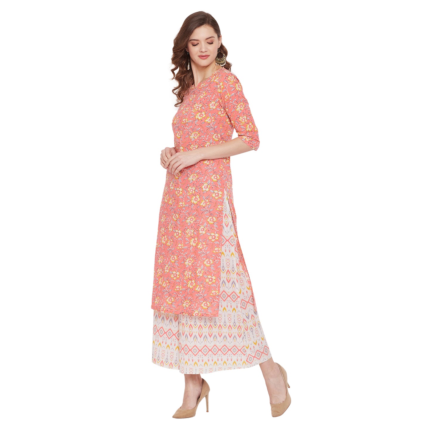 Printed peach kurta with white printed palazzo