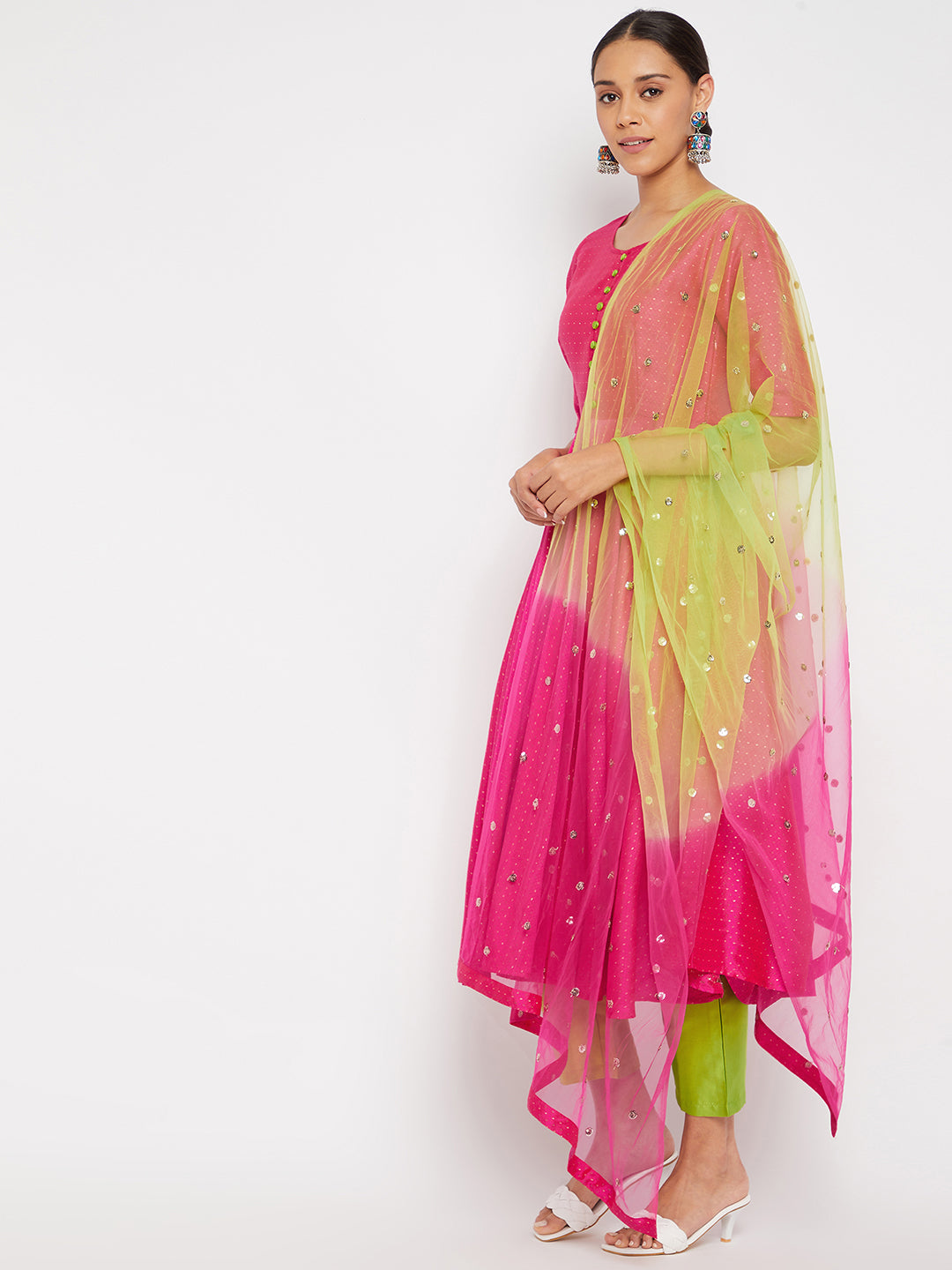 Women Magenta Pleated Golden Thread Work Kurta Set With Trouser And Dupatta