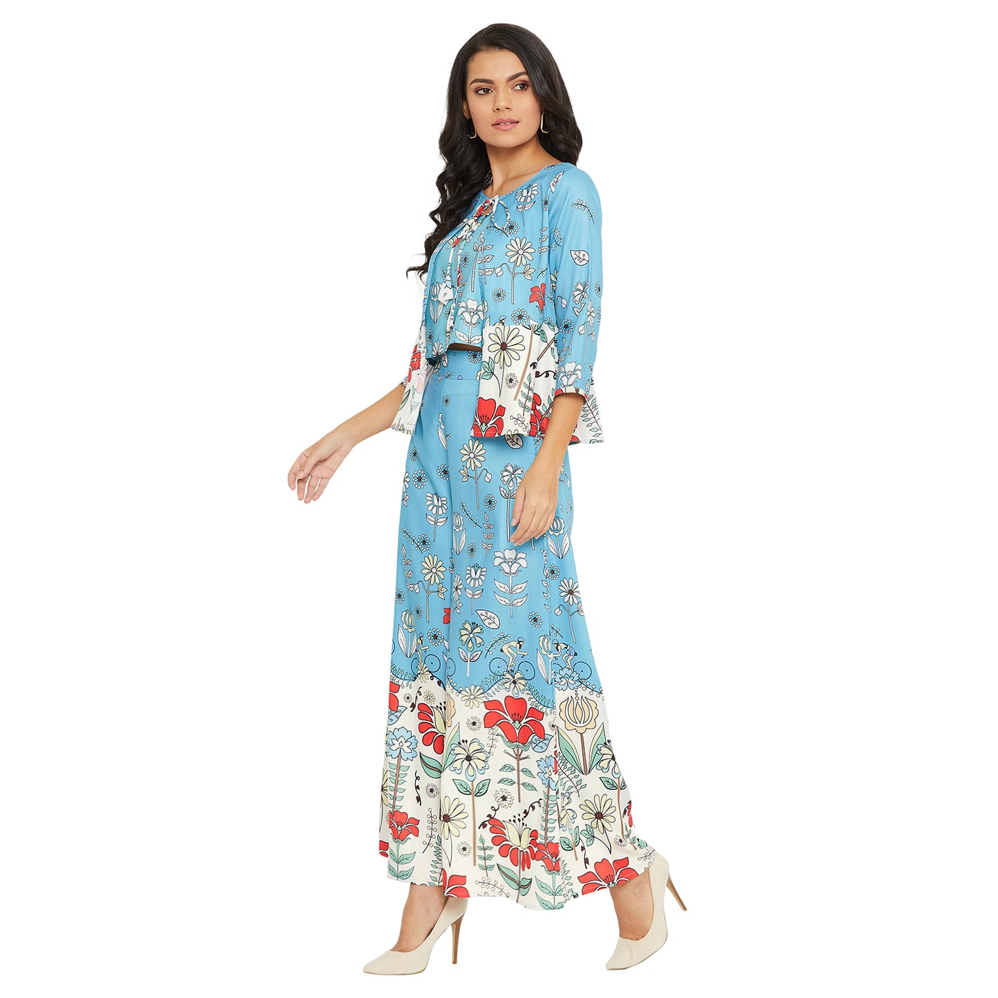 Women Ice Blue Printed Top With Inner and Palazzos