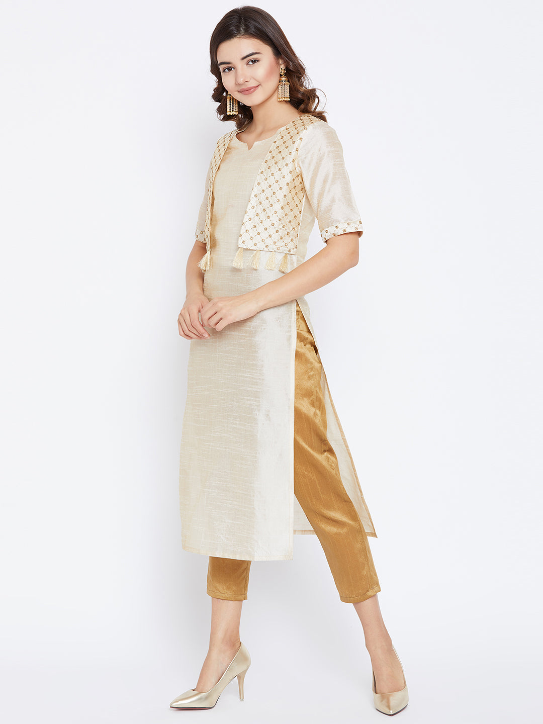 Women's Beige Color Plain Straight Fit Mid Length Kurta With Jacket