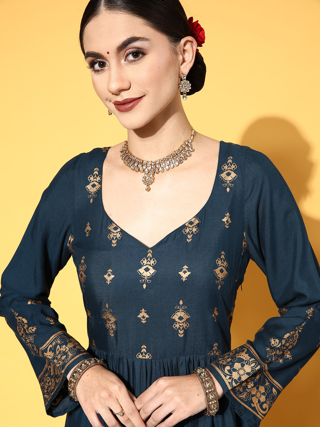 Women Tranquil Teal Ethnic Motifs Swirling Volume Dress