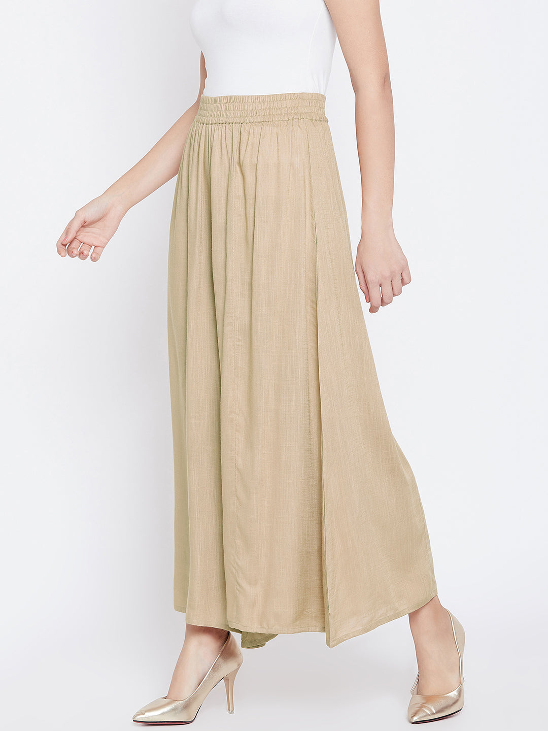 Women Beige Relaxed Flared Solid Parallel Palazzo
