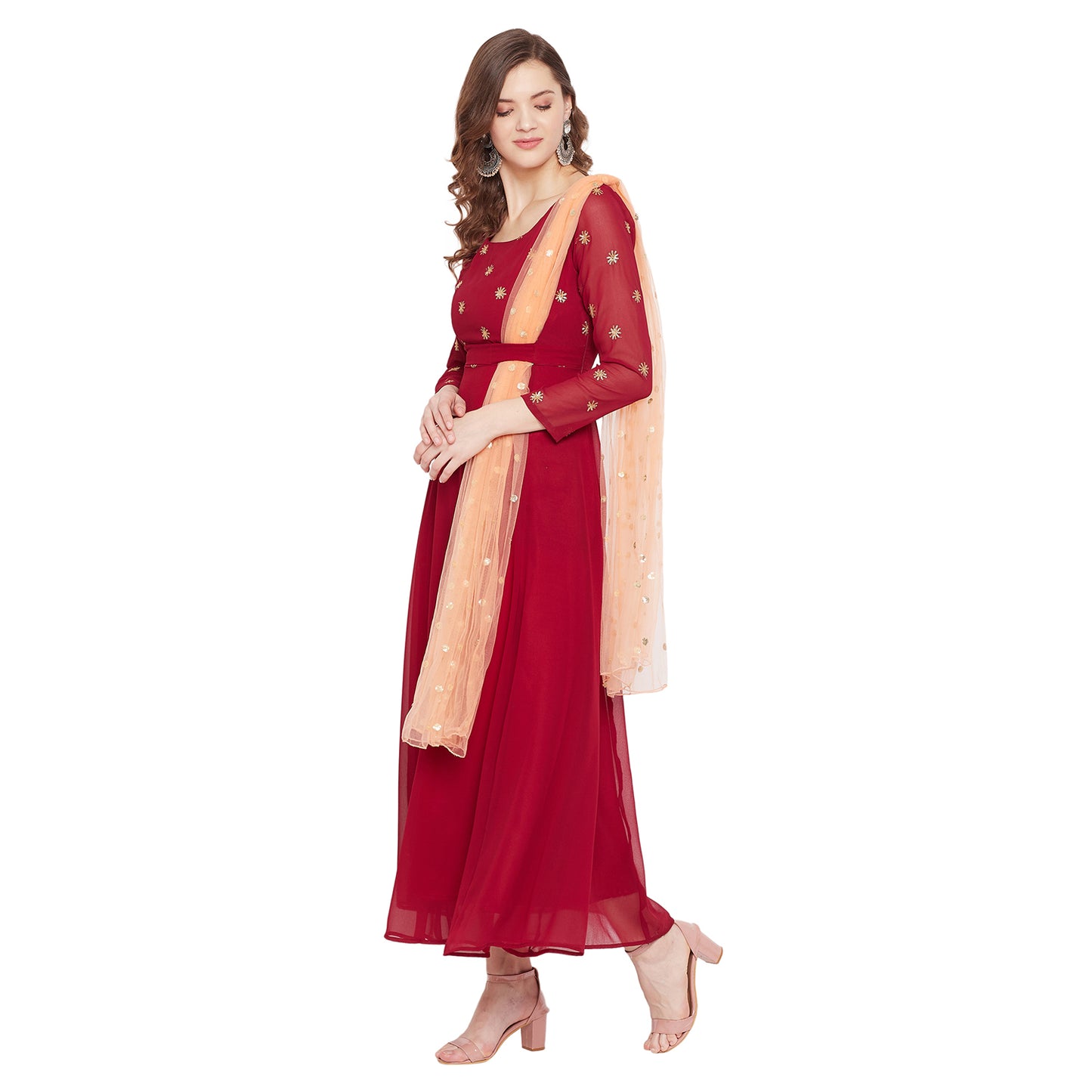 Women Maroon Embellished Maxi Dress With Dupatta