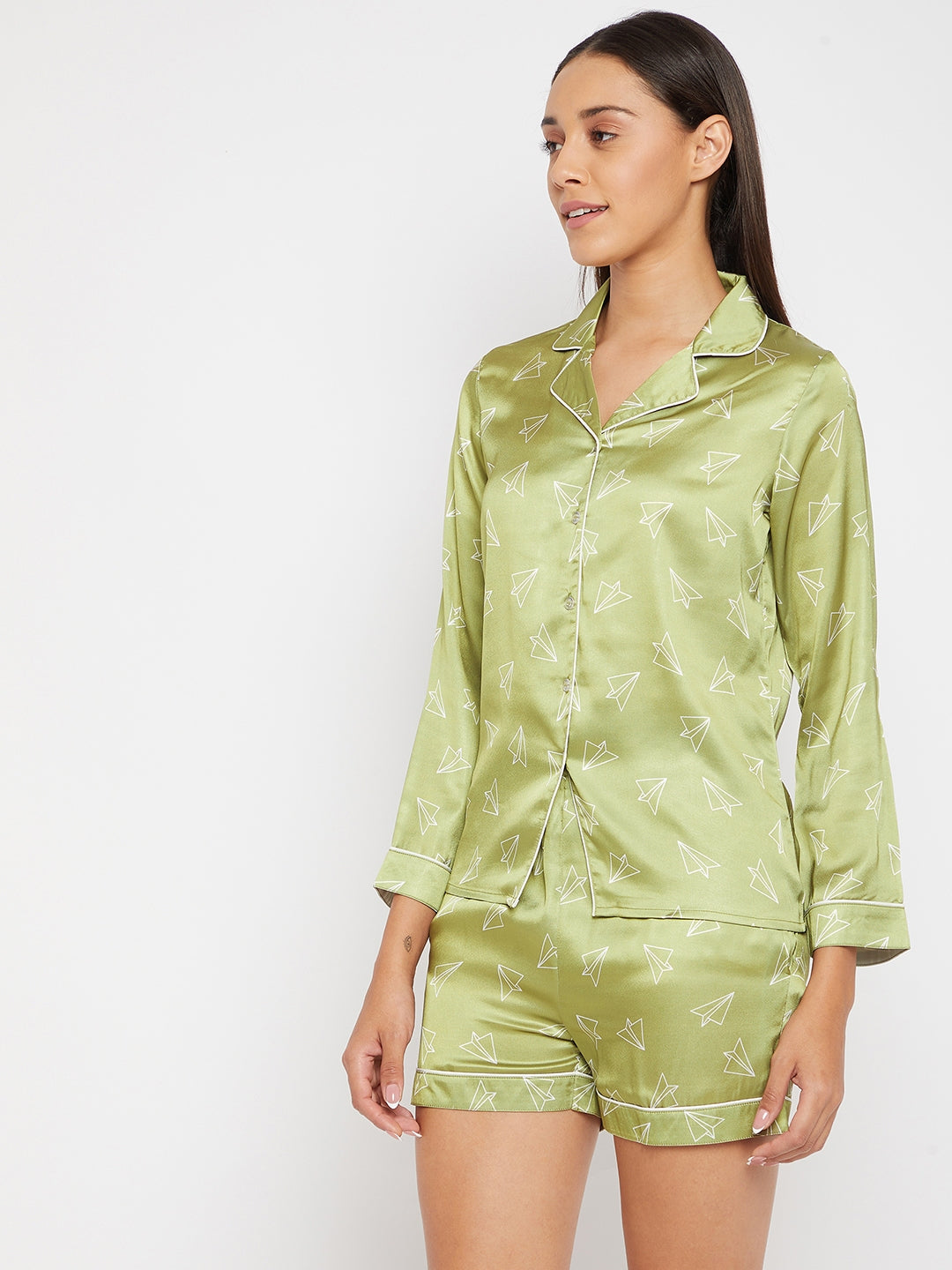 Women Lime Green & White Printed Night suit