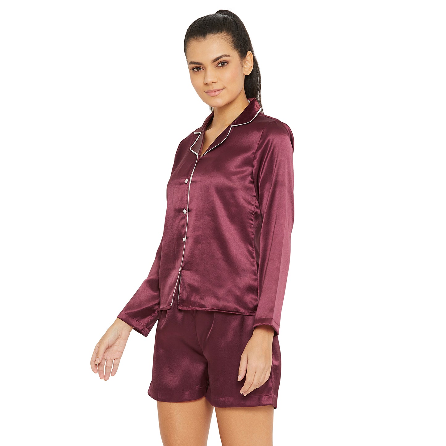 Women Wine Satin Finish Solid Night Suit
