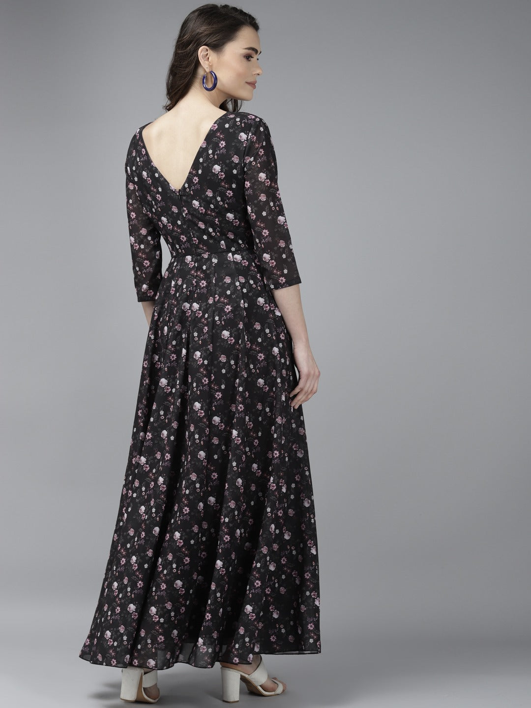 PANIT Black Pink Floral Print Georgette Maxi Dress