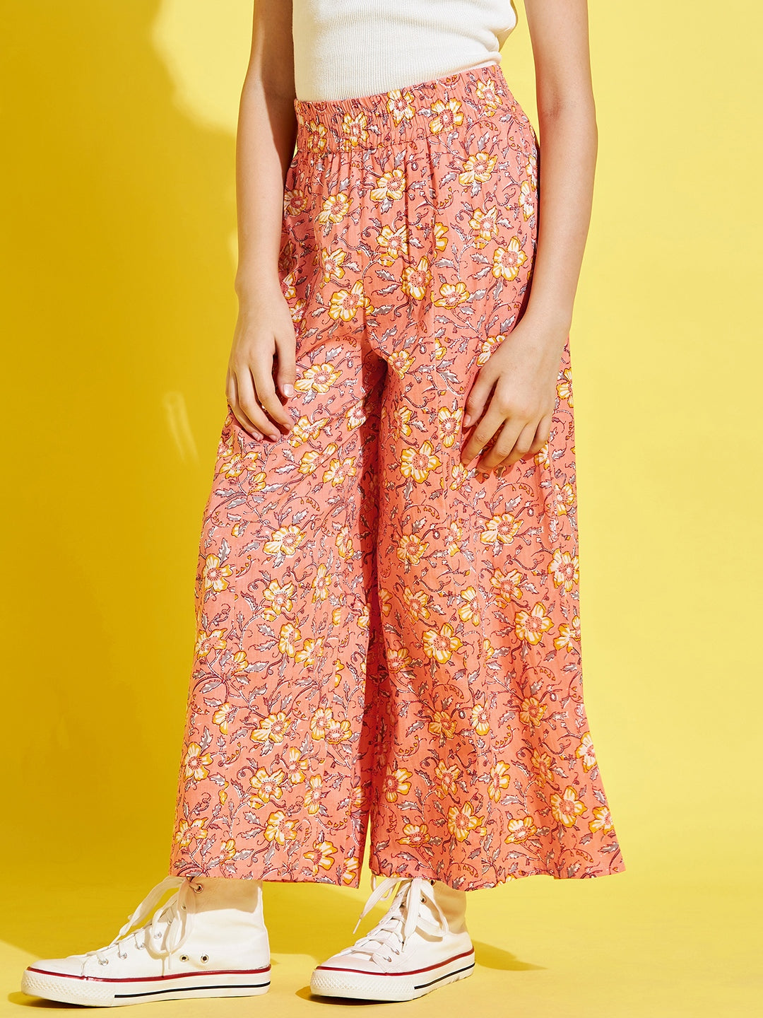 Cherry Jerry Girls Orange Floral Printed Relaxed Pleated Cotton Trousers