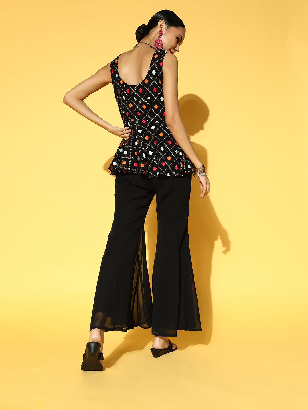 Women Black Embroidered Kurti with Palazzo
