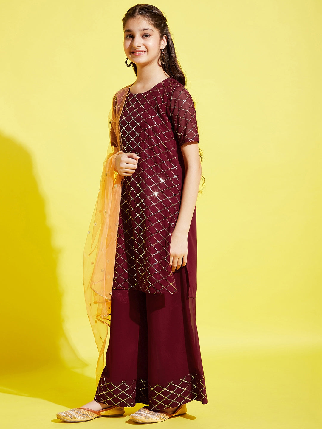 Girls Burgundy Embroidered Straight Kurta with Palazzos & With Dupatta