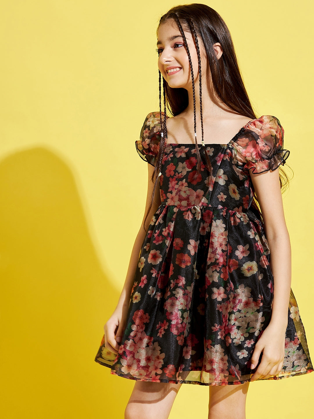 Girls Black & Red Floral Dress