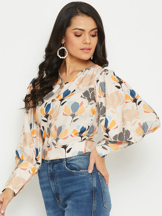 Light Brown Floral Printed Top With Puff Sleeve