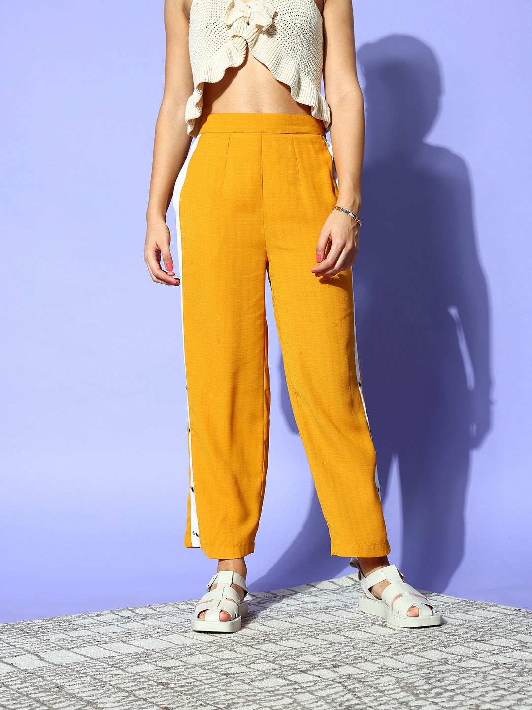 PANIT Women Stylish Mustard Solid Roman Column Trousers