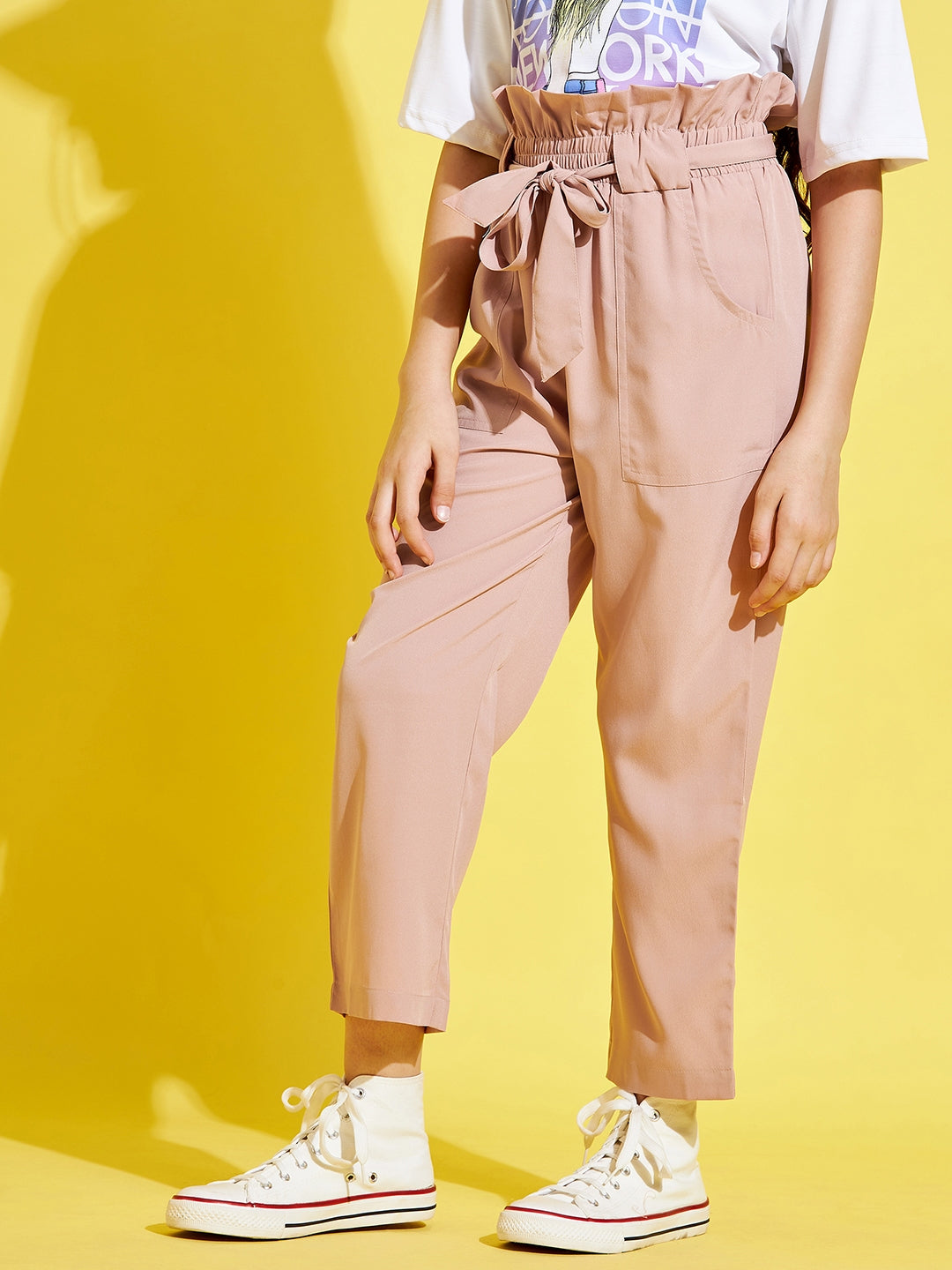 Girls Peach-Coloured Relaxed High-Rise Trousers