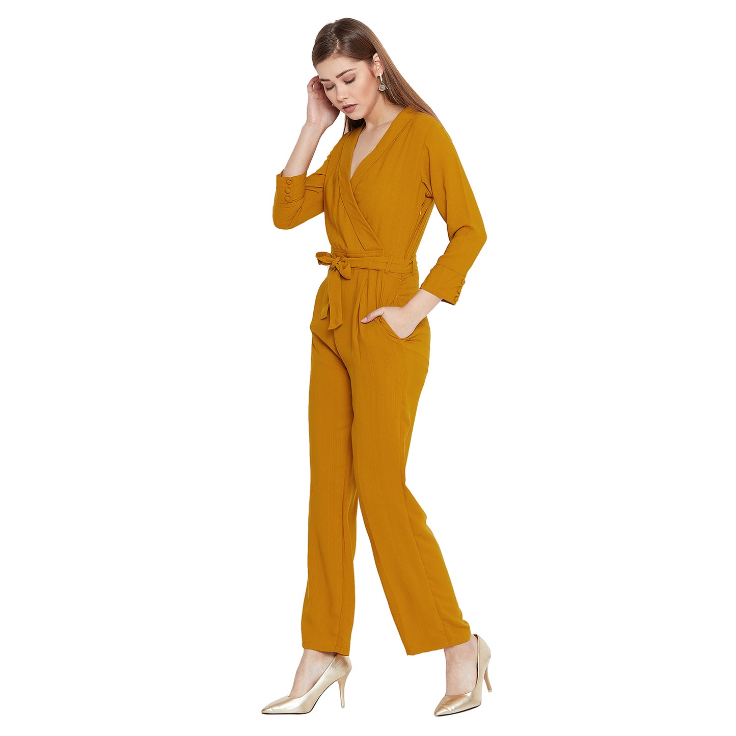 Women'S Solid Mud Yellow Full Length Crepe Jumpsuit