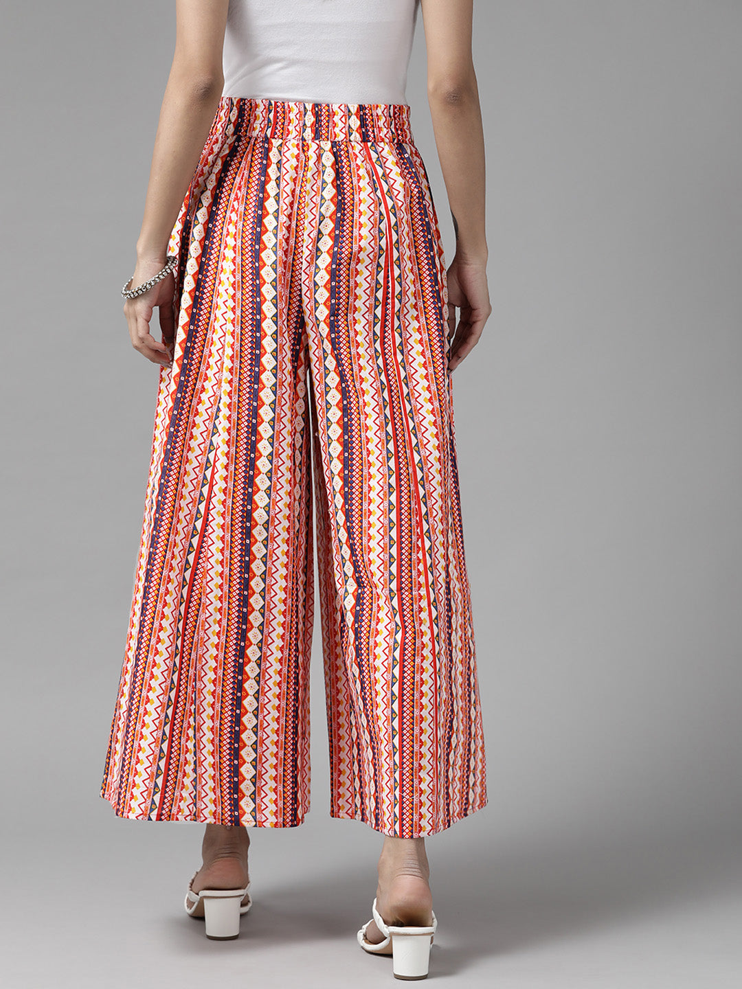 Women Off White & Orange Printed Cotton Palazzos