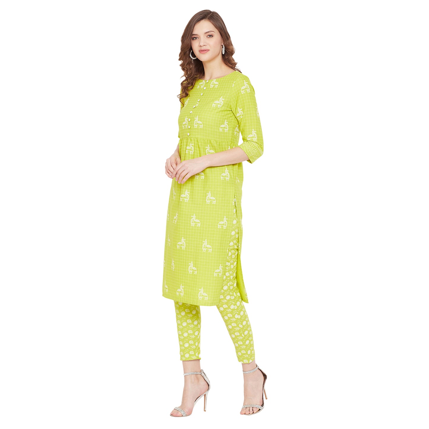 Lime green block print kurta with matching trouser