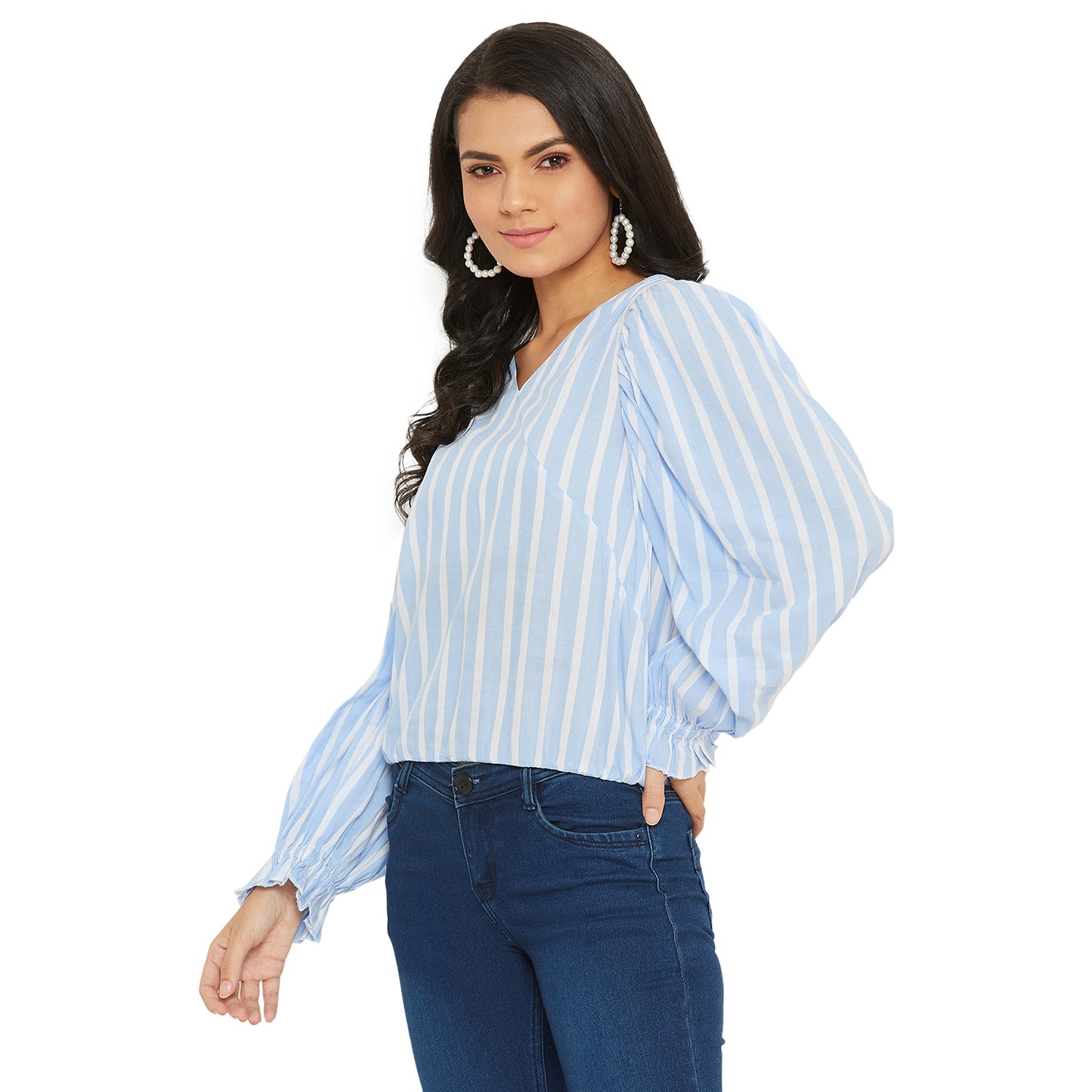 Ice Blue And white Stripe Top with gather sleeve and waist elastic