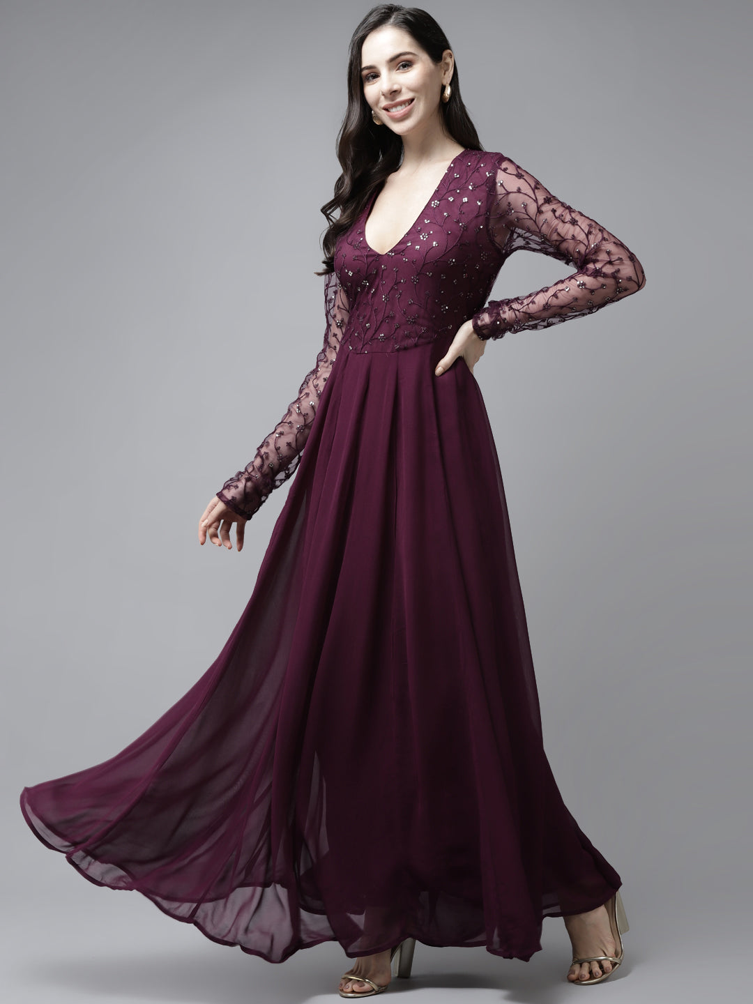 PANIT Purple Gold-Toned Embroidered Yoke Sequinned Gown
