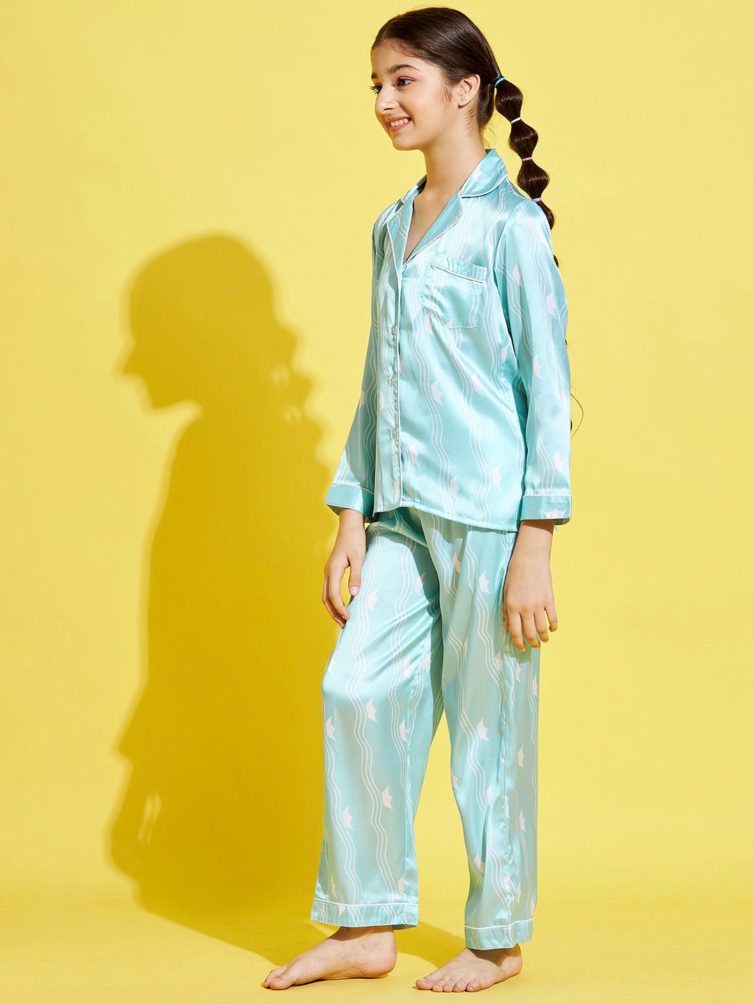 Cherry Jerry Girls Turquoise Blue White Printed Night suit